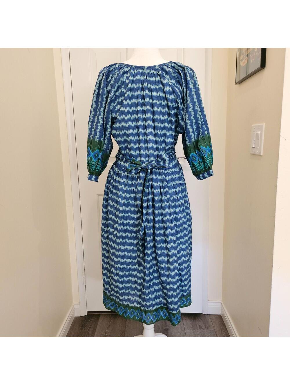 Bella Tu Womens Kaftan Dress Blue Ikat V-Neck 3/4 Sleeve Emblemished Size L NWT - Picture 9 of 9